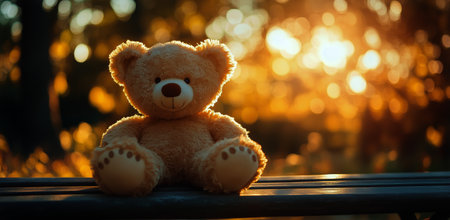 A teddy bear rests on a wooden bench covered with fallen leaves, illuminated by warm golden sunlight during a tranquil autumn evening in a park.の素材