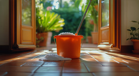 A mop rests beside a bucket, glistening with water on a tiled floor. Sunlight pours into the room, illuminating the lush garden outside through open doors.の素材