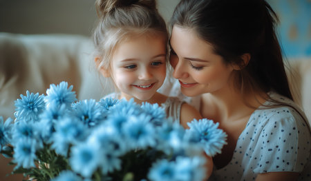 A joyful mother and her daughter share a warm moment, smiling brightly as they hold a bouquet of vibrant blue flowers in a cozy living space decorated with plants.の素材