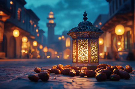 A decorative lantern emits a warm glow in the twilight, accompanied by dates scattered around it. Delicate flowers subtly enhance the serene ambiance of the outdoor environment.の素材
