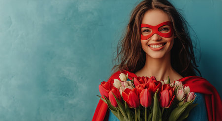 A cheerful woman with long hair smiles while holding a vibrant bouquet of tulips. She is dressed in a red mask and a matching cape against a blue background.の素材