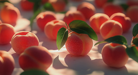 Peaches with a soft blush and green leaves are spread across a surface, illuminated by warm sunlight, showing the freshness of summer fruit.の素材