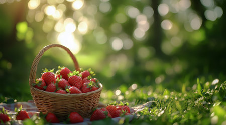 A woven basket filled with ripe strawberries rests on green grass. Sunlight filters through trees, casting a warm glow on the vibrant berries in a tranquil outdoor setting.の素材