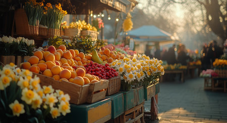 Fresh peaches, vibrant tulips, and cheerful daffodils fill market stalls during sunset, creating a lively atmosphere in a crowded street filled with shoppers, all enjoying the evening.の素材