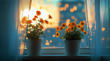 Bright yellow flowers in white pots sit on a windowsill, surrounded by soft curtains. The warm glow of evening lights creates a calming atmosphere indoors.の素材