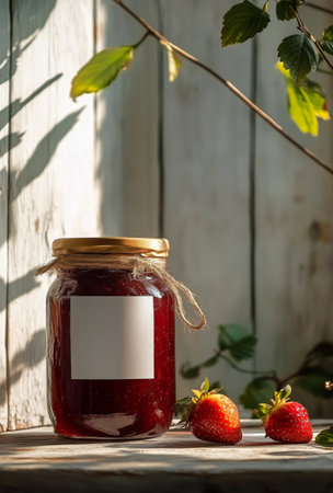 A jar of homemade strawberry jam sits on a rustic wooden surface, accompanied by fresh strawberries. Soft sunlight streams in, casting gentle shadows on the background.の素材