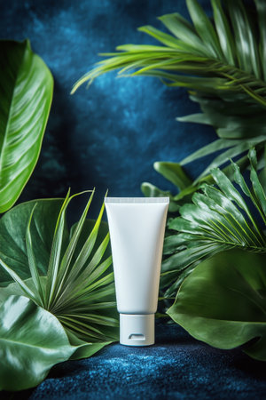 A skincare tube stands prominently against a backdrop of vibrant tropical leaves, illuminated by soft lighting that enhances the natural textures and colors of the foliage.の素材