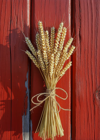 A bundle of dried wheat is tied with twine and displayed against a rustic red wooden background, showing natural textures and colors perfect for decoration.の素材