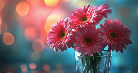 A vibrant bouquet of pink gerbera daisies arranged in a clear glass vase.の素材