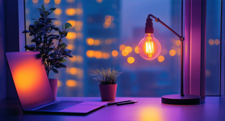 A well-lit desk featuring a stylish lamp and a potted plant, set against a backdrop of a vibrant city skyline during twilight hours.の素材