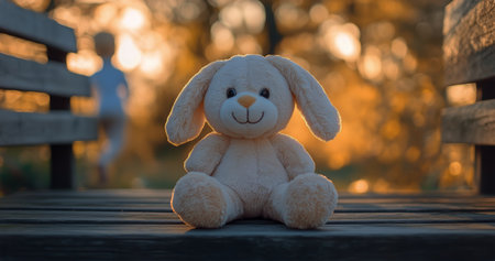 A soft bunny toy sits on a park bench with a beautiful glowing sunset in the background. A child runs in the distance, creating a warm, nostalgic atmosphere.の素材
