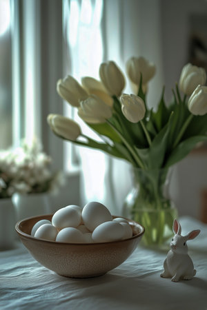 A bowl filled with fresh white eggs sits on a table next to a vibrant bouquet of white tulips and a small rabbit figurine. Natural light streams through nearby windows.の素材
