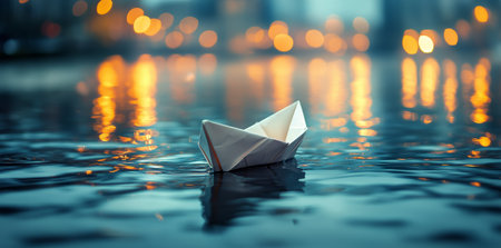 A delicate paper boat drifts serenely on the water as twilight descends, with city lights reflecting softly in the background, creating a peaceful atmosphere.の素材