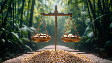 Golden scales hold coins on one side and rice on the other in a peaceful forest. Sunlight filters through the trees, highlighting wealth and sustenance.の素材