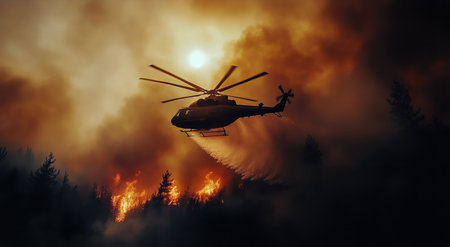 A helicopter drops water on a raging wildfire in a forest as the sun sets, creating dramatic hues of orange and black in the sky filled with smoke.の素材