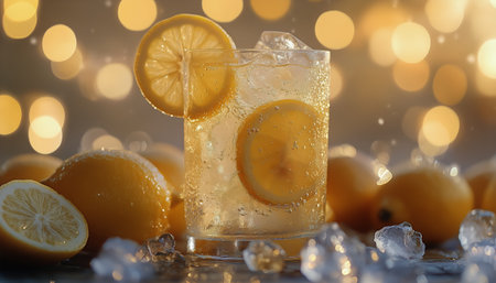 Sparkling citrus beverage in a glass is adorned with fresh lemon slices. Lively bokeh lights create a festive atmosphere, enhancing the drinks appeal.の素材