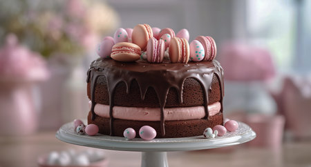 A beautifully crafted chocolate layer cake is topped with colorful macarons and decorative candies, creating a festive and inviting dessert display ideal for celebrations.の素材