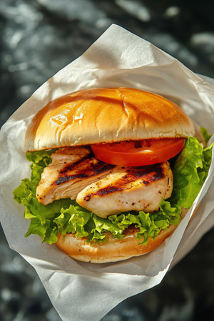 Juicy grilled chicken fillets are layered with crisp lettuce and ripe tomato, all nestled in a soft golden bun, ready to be enjoyed at lunchtime.の素材