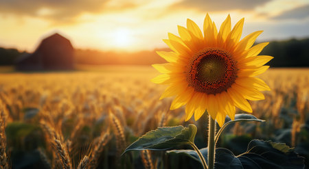 A vibrant sunflower stands tall in a wheat field, illuminated by warm sunset hues. In the background, a weathered barn complements the picturesque landscape.の素材