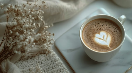 A warm cup of coffee sits on a saucer beside a bouquet of delicate white flowers on a wooden table. Natural light enhances the cozy atmosphere of the morning.の素材