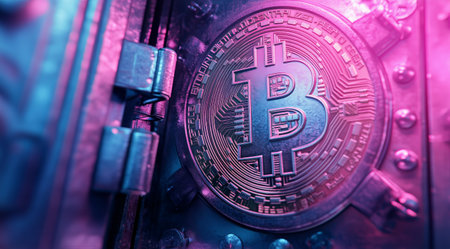 A Bitcoin coin sits prominently on a circuit board, highlighted by vibrant blue and pink lighting. This visual symbolizes the intersection of finance and technology in the digital age.の素材