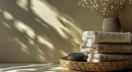 A serene arrangement features stacked soft towels and a decorative stone on a woven basket, illuminated by gentle natural light creating calming shadows against the wall.の素材