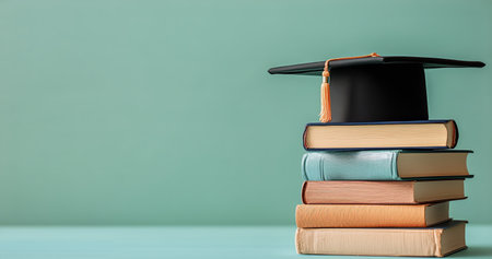 A graduation cap rests on a pile of vintage books, symbolizing academic success and knowledge. The green background adds a vibrant touch to this scholarly arrangement.の素材