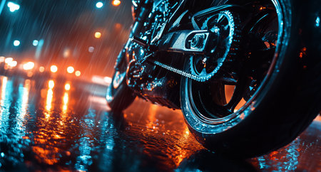 A motorcycle wheels through a rain-soaked street, sending up sprays of water while city lights create a colorful reflection on the shiny pavement.の素材