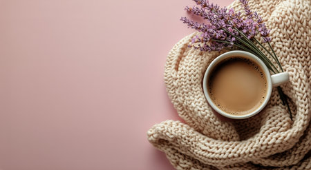 Warm coffee sits in a white mug adorned with fresh lavender flowers, resting on a soft, knitted blanket in light pink. A calming atmosphere invites relaxation and comfort.の素材