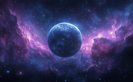 Earth floats amidst colorful cosmic clouds and a starry backdrop, showing vivid hues of blue and purple. The scene captures the beauty of outer space and celestial wonders.の素材