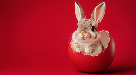 A fluffy rabbit sits on its haunches, gently holding a red egg with a cracked shell. The vibrant red backdrop enhances the playful and festive atmosphere.の素材
