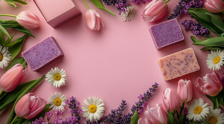 Beautifully arranged colorful soaps surrounded by fresh flowers and greenery on a light pink background, creating a vibrant springtime display perfect for relaxation.の素材
