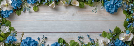 Colorful Easter eggs are placed on a weathered wooden background, accented by vibrant blue and white flowers. This festive arrangement creates a cheerful spring atmosphere.の素材