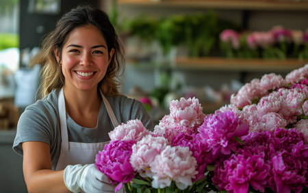 A woman smiles while carefully arranging vibrant peonies in a flower shop. The space is filled with fresh flowers, creating a cheerful atmosphere during the day.の素材