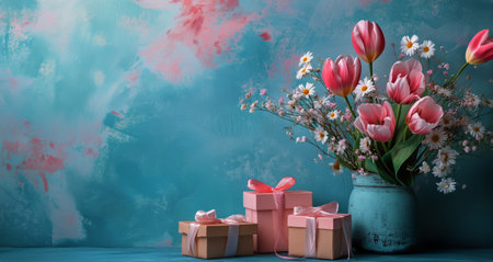 Vibrant bouquet of pink tulips and white daisies rests in a green vase. Nearby, two gift boxes with ribbons sit on a surface against a teal backdrop, creating a cheerful atmosphere.の素材