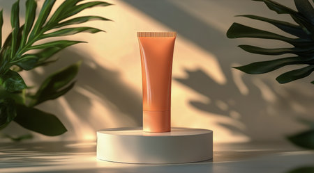 A vibrant orange skincare tube sits elegantly on a round pedestal, illuminated by soft light, casting intricate shadows of nearby greenery for a fresh, natural feel.の素材