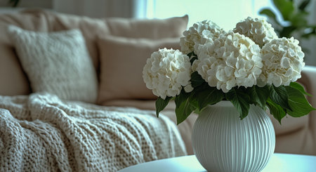 White hydrangeas in a simple vase brighten up a contemporary living room featuring a textured blanket and soft lighting from nearby windows.の素材