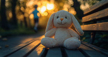 A soft bunny toy sits on a park bench with a beautiful glowing sunset in the background. A child runs in the distance, creating a warm, nostalgic atmosphere.の素材