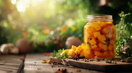 A jar filled with mango jam sits on a wooden table among fresh mango pieces and herbs. The bright green background and warm sunlight enhance the inviting atmosphere.の素材