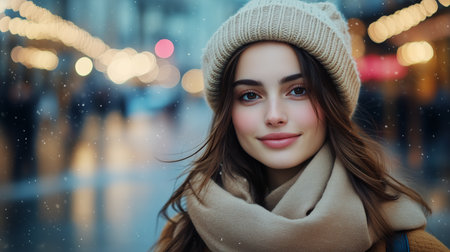 Young woman smiles softly while wearing a warm hat and scarf, surrounded by glowing lights during a winter evening. The festive atmosphere enhances her serene expression.の素材