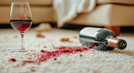 A glass of red wine stands beside a toppled wine bottle, with red liquid staining a light-colored carpet in a cozy living area. Crumbs and a relaxed atmosphere complete the look.の素材