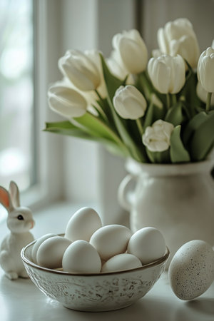 A bowl filled with fresh white eggs sits on a table next to a vibrant bouquet of white tulips and a small rabbit figurine. Natural light streams through nearby windows.の素材