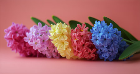 A vibrant collection of hyacinth flowers in various colors displays their beauty against a soft pink background, showing delicate petals and lush green leaves.の素材