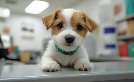 A small puppy with brown and white fur sits on a counter, looking curiously at the surroundings. The cozy environment suggests a friendly atmosphere for pets.の素材