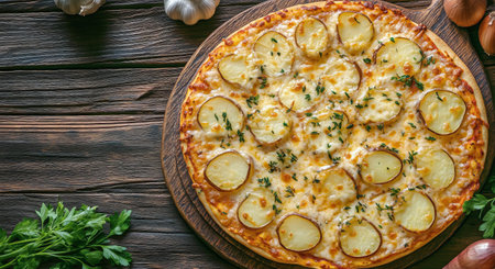 Freshly baked potato pizza features a golden crust and creamy cheese topped with thinly sliced potatoes and herbs, displayed on a rustic wooden table with garlic and parsley.の素材