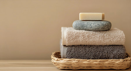 A serene arrangement features stacked soft towels and a decorative stone on a woven basket, illuminated by gentle natural light creating calming shadows against the wall.の素材