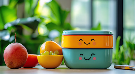 A colorful lunchbox sits on a table filled with fresh fruits like strawberries and grapes. The cheerful design adds charm to the bright and airy indoor space decorated with plants.の素材