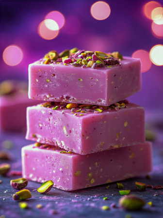 Three layers of pink sweets with pistachio toppings are stacked against a colorful, festive backdrop, highlighting a joyful celebration atmosphere.の素材