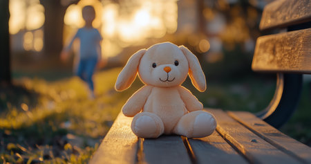 A soft bunny toy sits on a park bench with a beautiful glowing sunset in the background. A child runs in the distance, creating a warm, nostalgic atmosphere.の素材