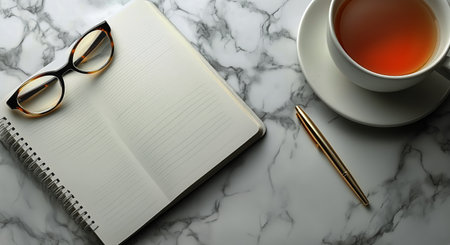 A quiet moment captured with an open notebook waiting to be filled, a steaming cup of tea beside it, and reading glasses resting atop a marble surface, perfect for reflection.の素材